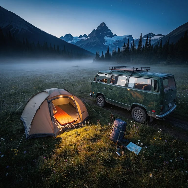 A quiet meadow in the Canadian Rockies sits under a deep blue pre-dawn sky, with thin mist floating over the tall grass. A green camo camper van and a small tent rest side by side, hidden in the calm. Warm light spills from the tent door onto the ground, where a backpack waits for the morning hike.