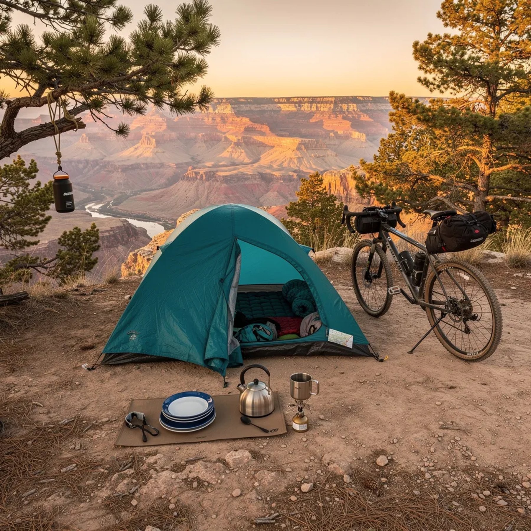 A teal tent sits on dusty ground under tall pine trees, with the Grand Canyon glowing red in the distance. Warm sunset light makes long, soft shadows and the air feels calm and breezy. A touring bike rests beside the tent, and a bear canister hangs from a strong branch. Simple plates and a small kettle are set out, ready for supper.