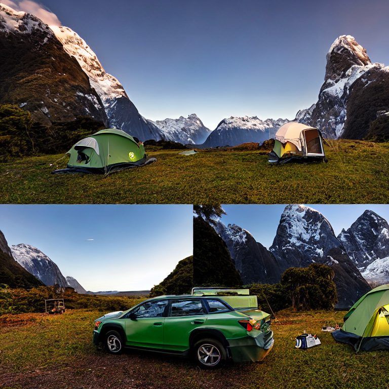 A green Subaru rests at a quiet campsite beneath the tall mountains of Milford Sound. Its rooftop tent glows warmly as sunset colors fill the sky, while clothes dry on a nearby line. A small campfire warms the dirt clearing.