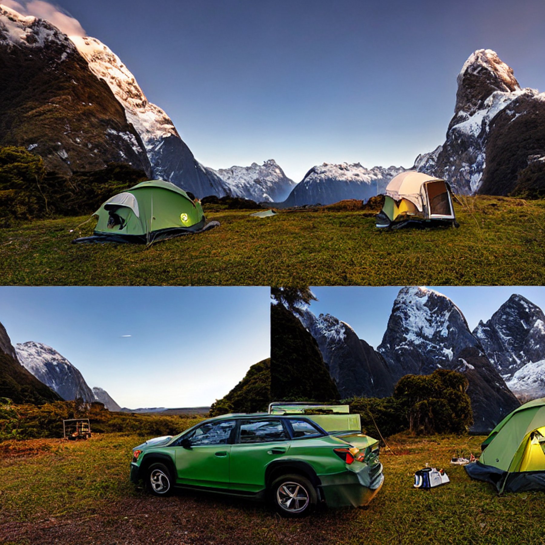 A green Subaru rests at a quiet campsite beneath the tall mountains of Milford Sound. Its rooftop tent glows warmly as sunset colors fill the sky, while clothes dry on a nearby line. A small campfire warms the dirt clearing.