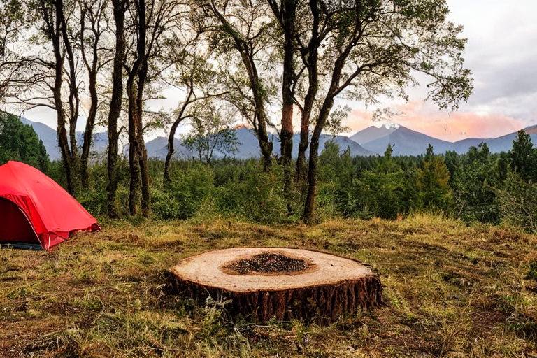 A bright red tent rests on a quiet gravel campsite deep in an overgrown forest. A small campfire sits among the logs, while misty mountains rise in the distance beneath the rainy golden-hour sky.