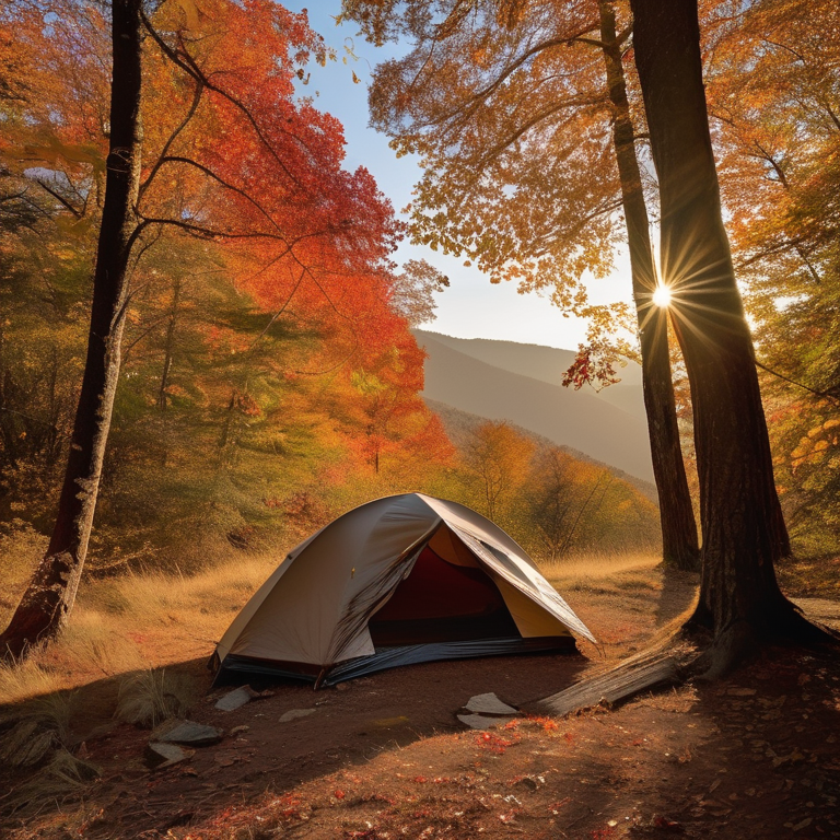 A brown tent rests on a quiet dirt campsite as the sun rises over the Smoky Mountains. Fall-colored trees glow in the warm light, while a deer wanders in the distance. A berry-covered bush and a box of camping gear add charm to this peaceful spot.