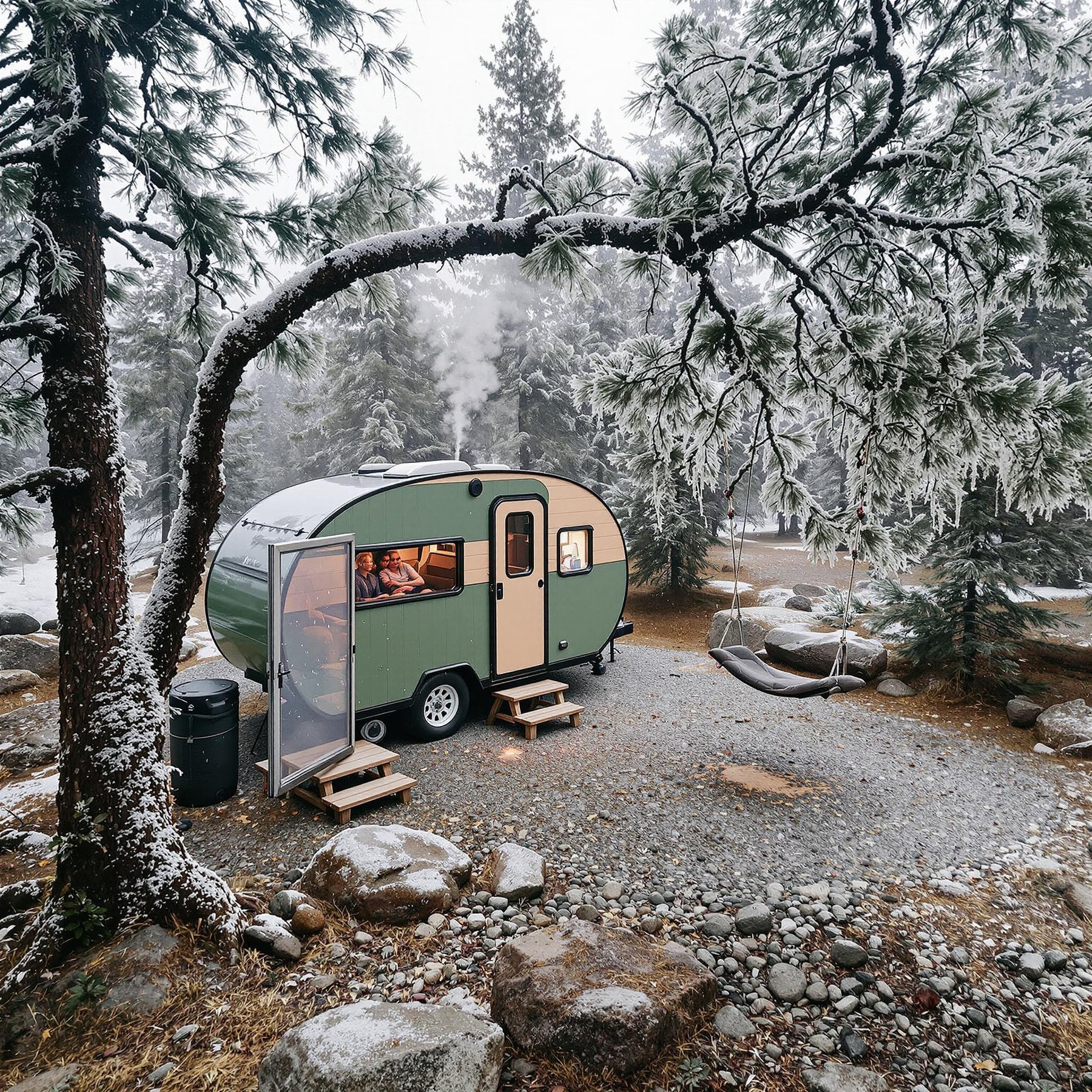 Nestled among frosty pine trees, a cozy green camper with smoke curling from its chimney invites warmth in the chilly air. A gentle swing hangs from a snowy branch, ready for laughter and fun. The tranquil campsite is surrounded by smooth stones and a carpet of fallen leaves.