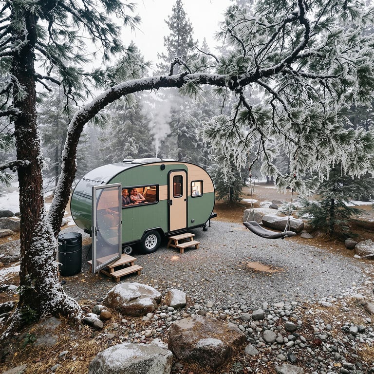 Nestled among frosty pine trees, a cozy green camper with smoke curling from its chimney invites warmth in the chilly air. A gentle swing hangs from a snowy branch, ready for laughter and fun. The tranquil campsite is surrounded by smooth stones and a carpet of fallen leaves.