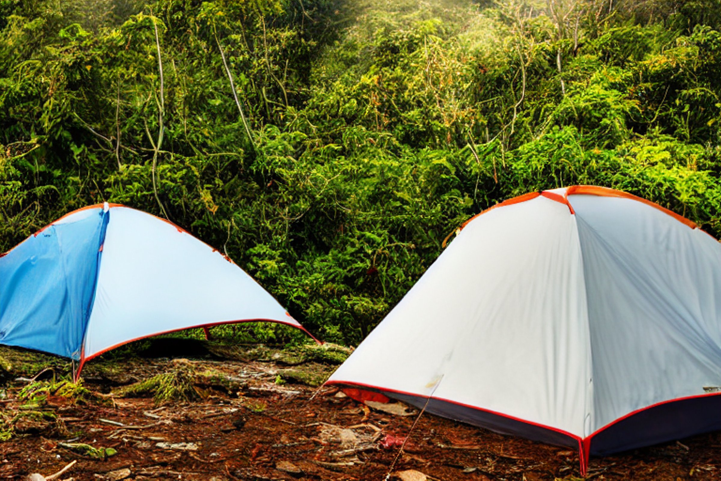 A colorful tent rests beside a warm campfire in the green hills of Soufrière, St. Lucia. Overgrown grass, fallen leaves, berry bushes, and a large rock surround the dirt campsite. Cloudy sunrise light gives the peaceful scene a soft, cozy glow.