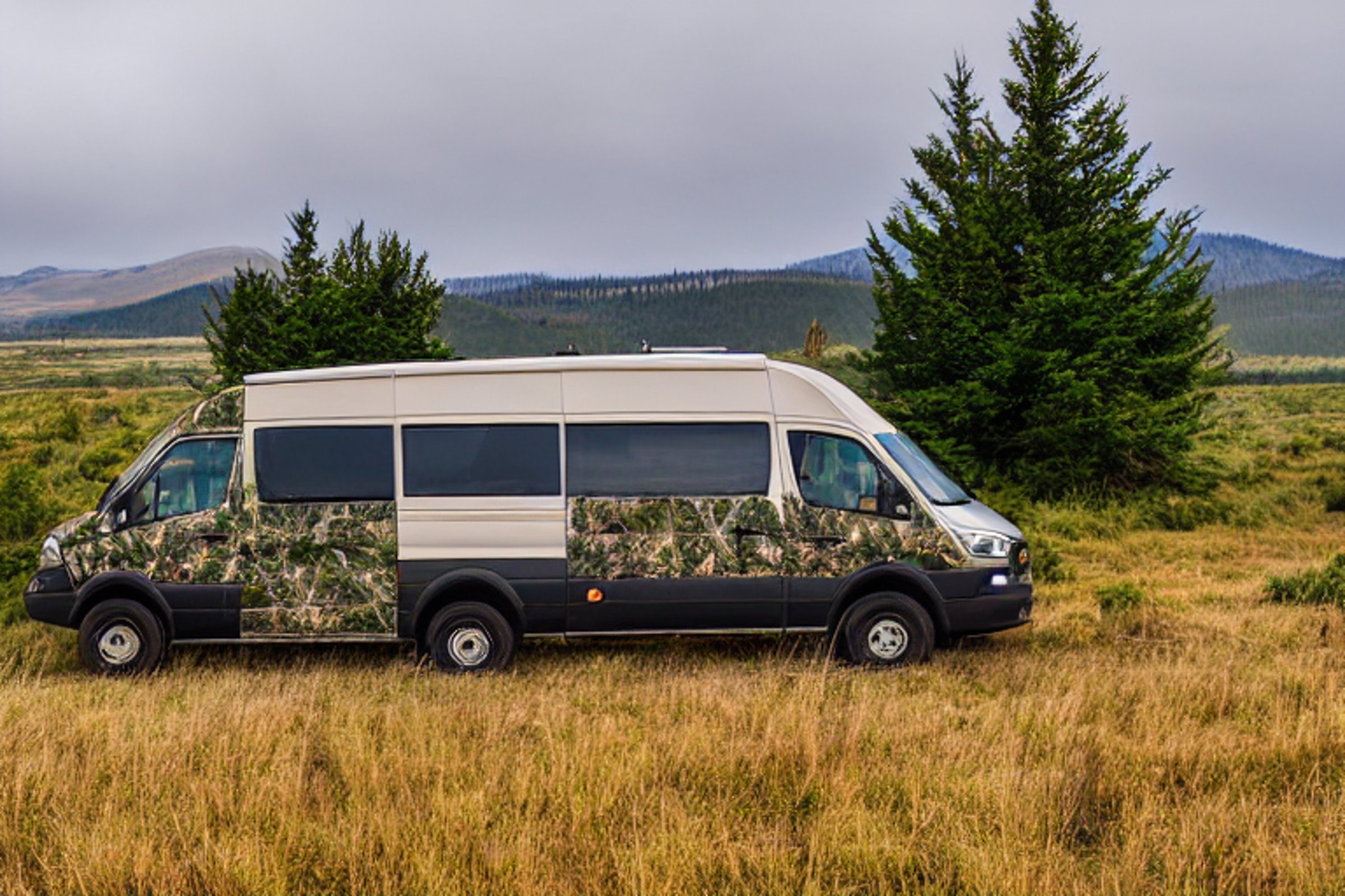 A green camo van rests at a quiet campsite on the open Idaho plains. Tall grass, a dirt path, and camping chairs surround a small clearing. Fog drifts beneath a bright, star-filled night sky.