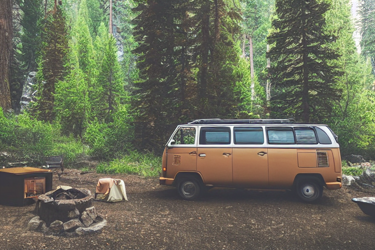 A brown VW campervan rests among tall trees in Yosemite at rainy dusk. Nearby, a warm campfire glows inside a ring of stones beside a flowing stream.
