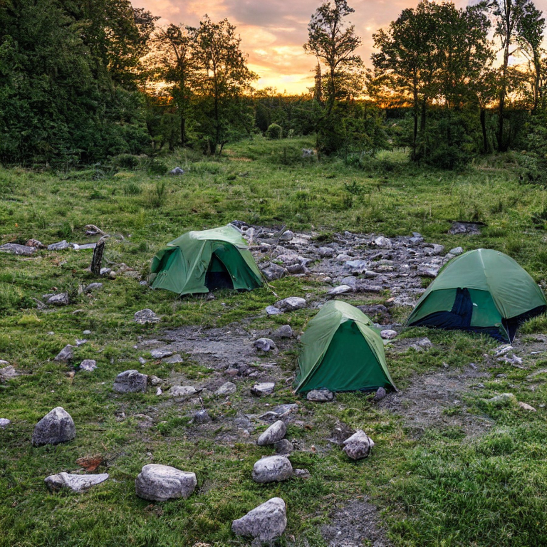 A green tent rests beside a warm campfire near a quiet river. Tall trees, large boulders, and scattered leaves surround the gravel campsite as stormy sunset clouds fill the sky.