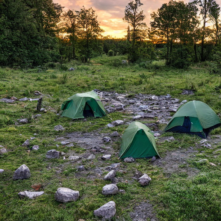 A green tent rests beside a warm campfire near a quiet river. Tall trees, large boulders, and scattered leaves surround the gravel campsite as stormy sunset clouds fill the sky.
