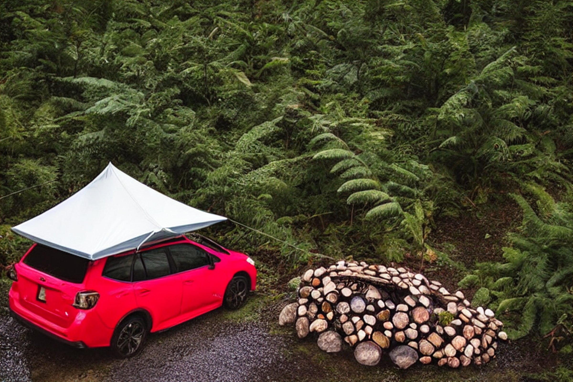 A red Subaru with its rooftop tent rests beside a quiet stream in a lush Hawaiian campsite. Ferns cover the ground, while a warm campfire glows under a sky full of stars. A deer stands in the distance.