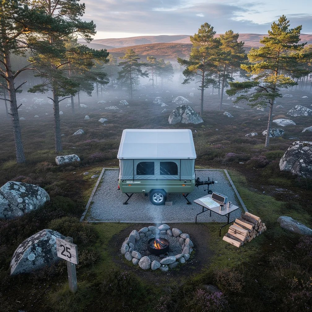 A quiet campsite sits in a misty Highland clearing, with heather, moss, and big boulders all around. A sage green pop-up camper rests on a small gravel pad beneath tall pine trees, with rolling hills in the distance. A stone fire ring glows softly beside a neat stack of firewood, and a wooden sign marked “25” stands nearby as the sky shifts from cool dawn to warm sunrise.