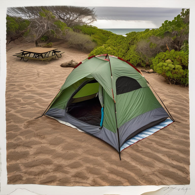 A green camo tent rests on a paved campsite under a snowy night sky. Boulders and rough ground surround a dirt patch, while a picnic table adds a cozy touch.