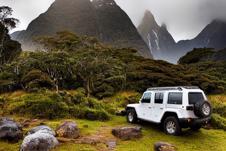 A tan Jeep with a rooftop tent rests on rocky ground in Milford Sound. Ferns, boulders, and rough terrain surround the campfire as rain falls softly at dusk.