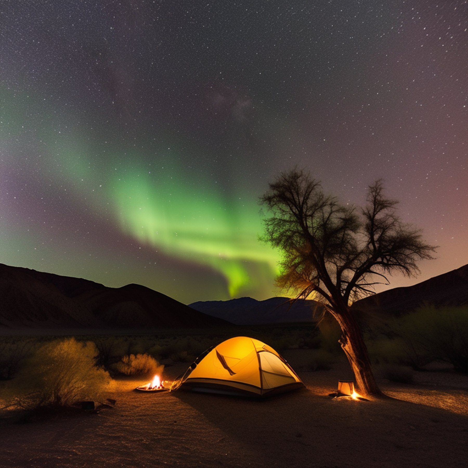 A cozy tent and glowing campfire sit on a quiet dirt patch beneath a sky filled with colorful northern lights. Tall mossy trees surround the campsite, while a deer watches from the distance and a small lantern lights the ground.