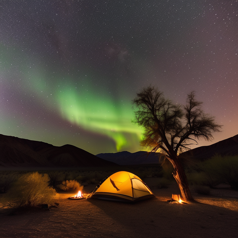 A cozy tent and glowing campfire sit on a quiet dirt patch beneath a sky filled with colorful northern lights. Tall mossy trees surround the campsite, while a deer watches from the distance and a small lantern lights the ground.