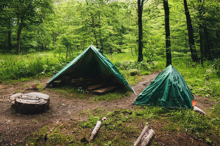 A green camo tent rests on a dirt clearing in a quiet Upstate New York forest. A clear stream winds through the campsite, while tall trees sway under a stormy sky. Nearby, a stone fire ring and sturdy logs invite campers to gather.