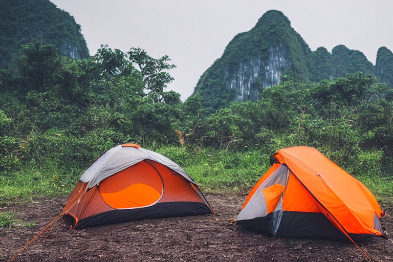 A gray and orange tent rests on a paved campsite in beautiful Ha Long Bay. Rainy sunset light glows over the mountains, while a campfire warms the nearby logs and picnic table.
