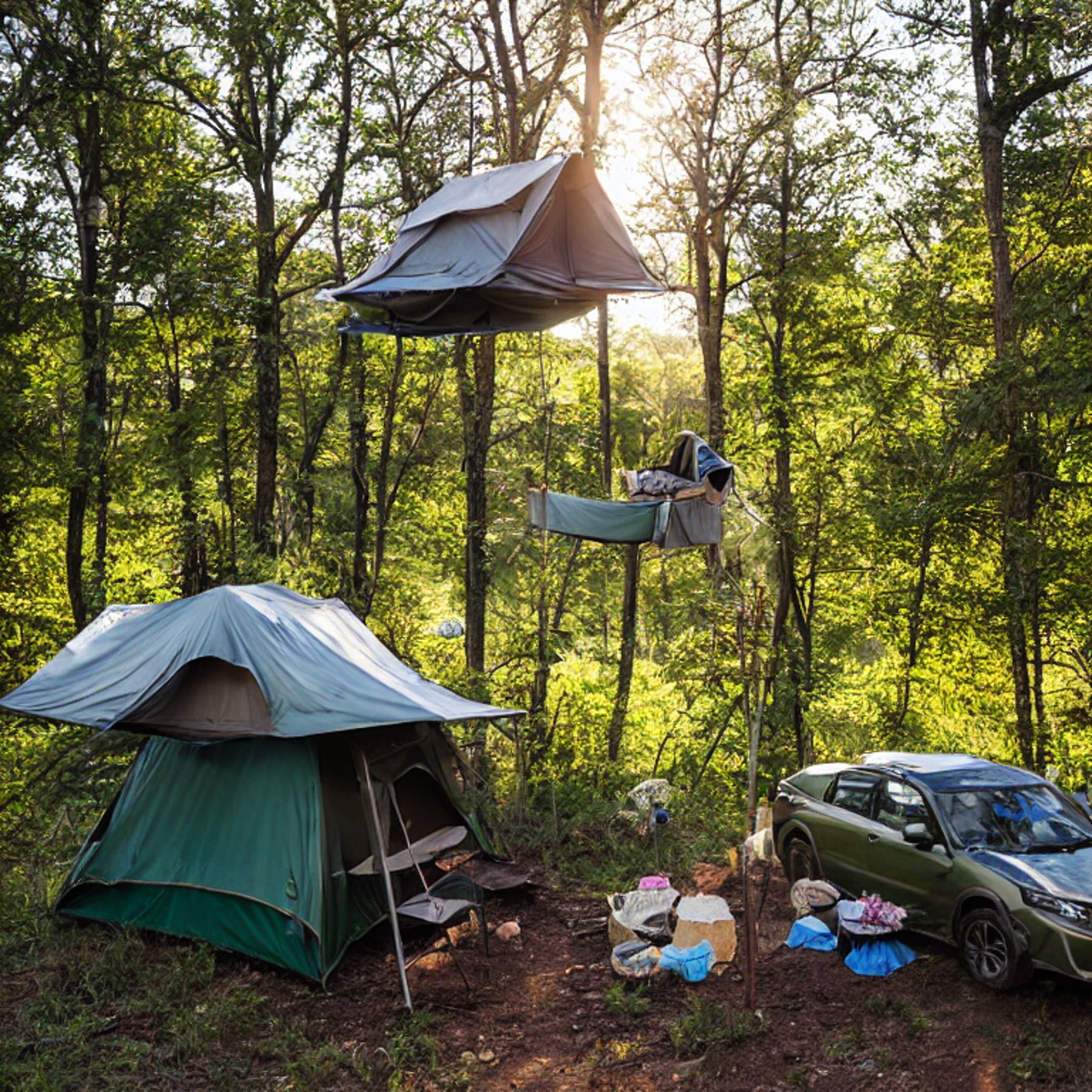 A forest green Subaru sits at a quiet Ozark campsite beneath the trees, with a cozy rooftop tent open above it. Clothes hang from a line, wildflowers dot the ground, and a large log rests beside the campfire. Gravel and dirt patches give the campsite a simple, peaceful feel.
