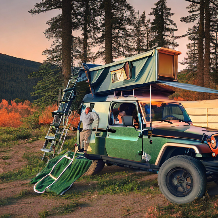A forest green Jeep with its rooftop tent open rests at a quiet campsite in Norway. Golden fall trees surround the dirt ground as the sun sets, while a small moon rises above. In the distance, a person’s flashlight adds a warm glow.