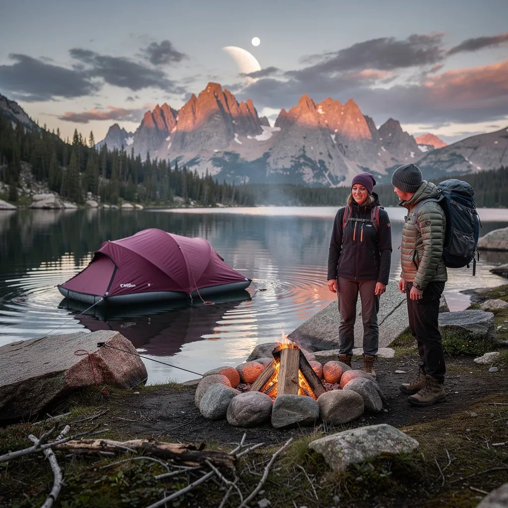 A calm alpine lake shines like a mirror, with smooth granite rocks and scattered twigs along the shore. A plum-colored floating tent bobs near the bank while a small campfire glows and sends thin smoke into the cool, dim sky. Far away, jagged mountain peaks catch a soft warm light, making the whole campsite feel quiet and magical.
