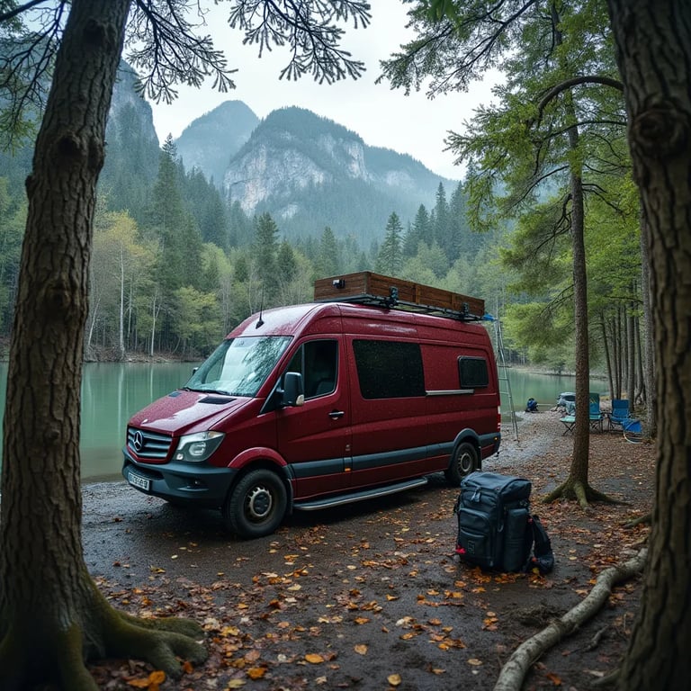 A burgundy camper van rests in a quiet mangrove swamp beneath a tall mountain. Camping chairs and a backpack sit nearby, while sleet falls softly around the muddy ground.