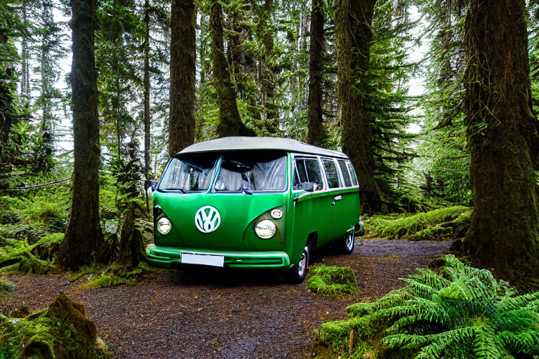 A green camper van rests beside a warm campfire on a rugged forested beach. Ferns, logs, and a small stream surround the campsite, while bright northern lights glow beneath the stormy night sky.