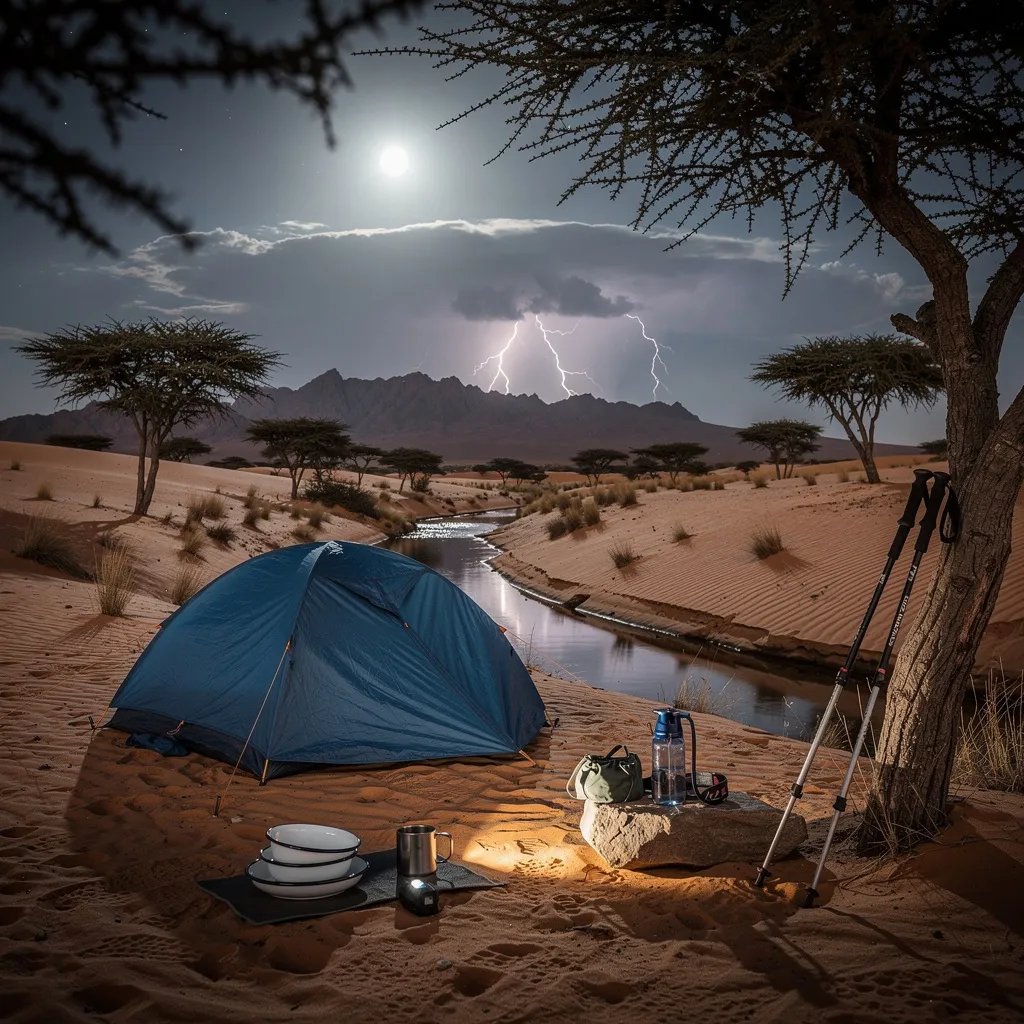 A steel-blue tent rests in a quiet sandy valley by a small stream, with a few acacia trees nearby. Cool full moonlight paints sharp shadows, and the desert feels wide and still. Far away, lightning flashes behind low mountains, lighting up the clouds for a moment.