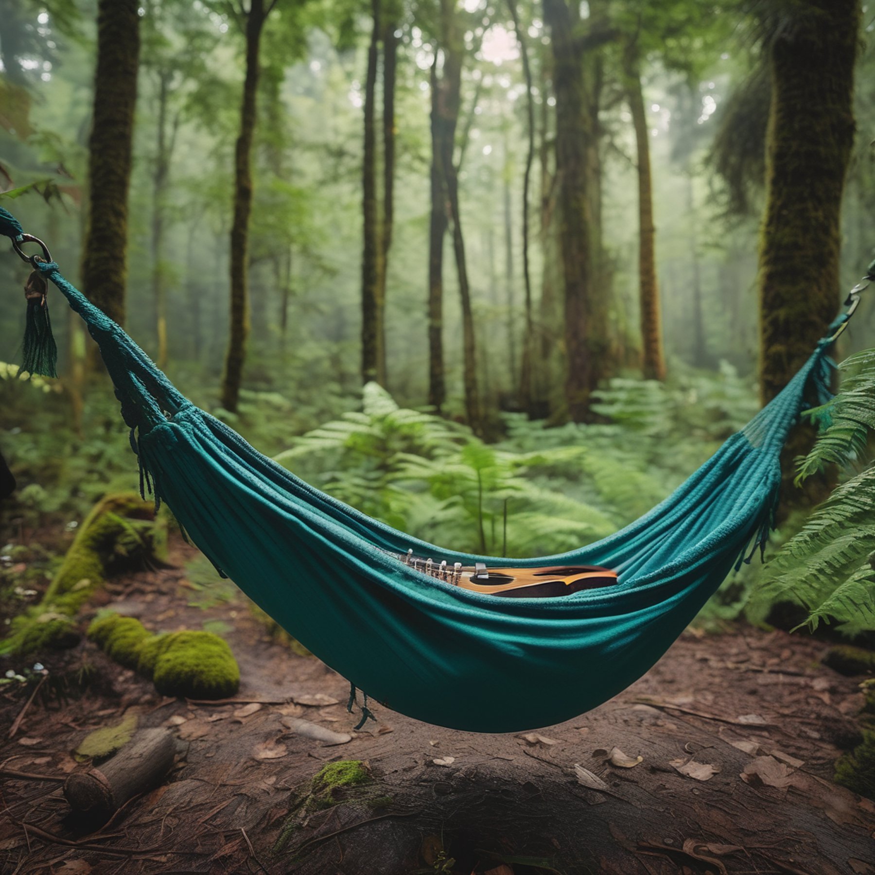 A teal hammock rests in a lush forest beside a winding dirt path. Ferns and small flowers grow around a wooden guitar near the campsite. Light rain falls as distant lightning flashes beyond the trees.