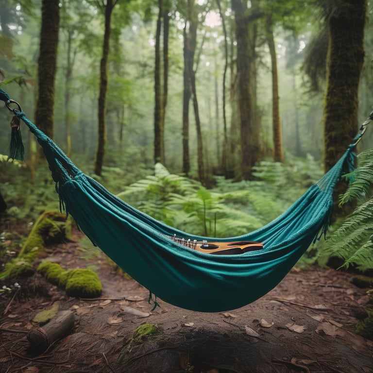 A teal hammock rests in a lush forest beside a winding dirt path. Ferns and small flowers grow around a wooden guitar near the campsite. Light rain falls as distant lightning flashes beyond the trees.