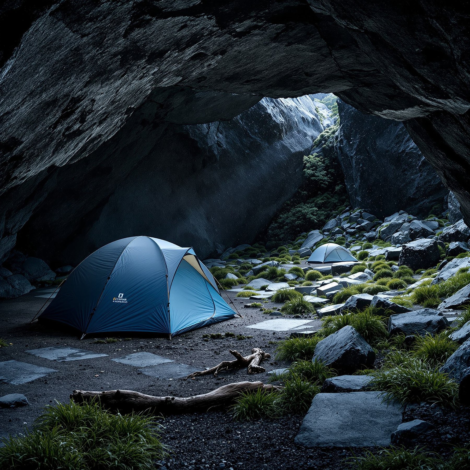 Tents are set up inside a rocky cave with soft green grass and big stones all around. Sunlight shines through the cave opening, making it feel magical and safe. This campsite is perfect for an adventure in nature!
