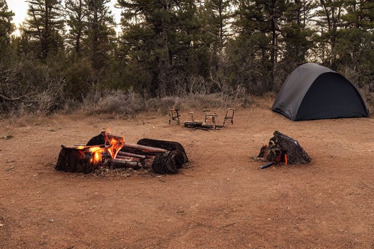 A black tent rests on a quiet paved campsite in the New Mexico desert. A warm campfire glows beside a large log and camping chairs, with gravel and dirt spread across the ground. Cloudy sunset light fills the wide open sky.