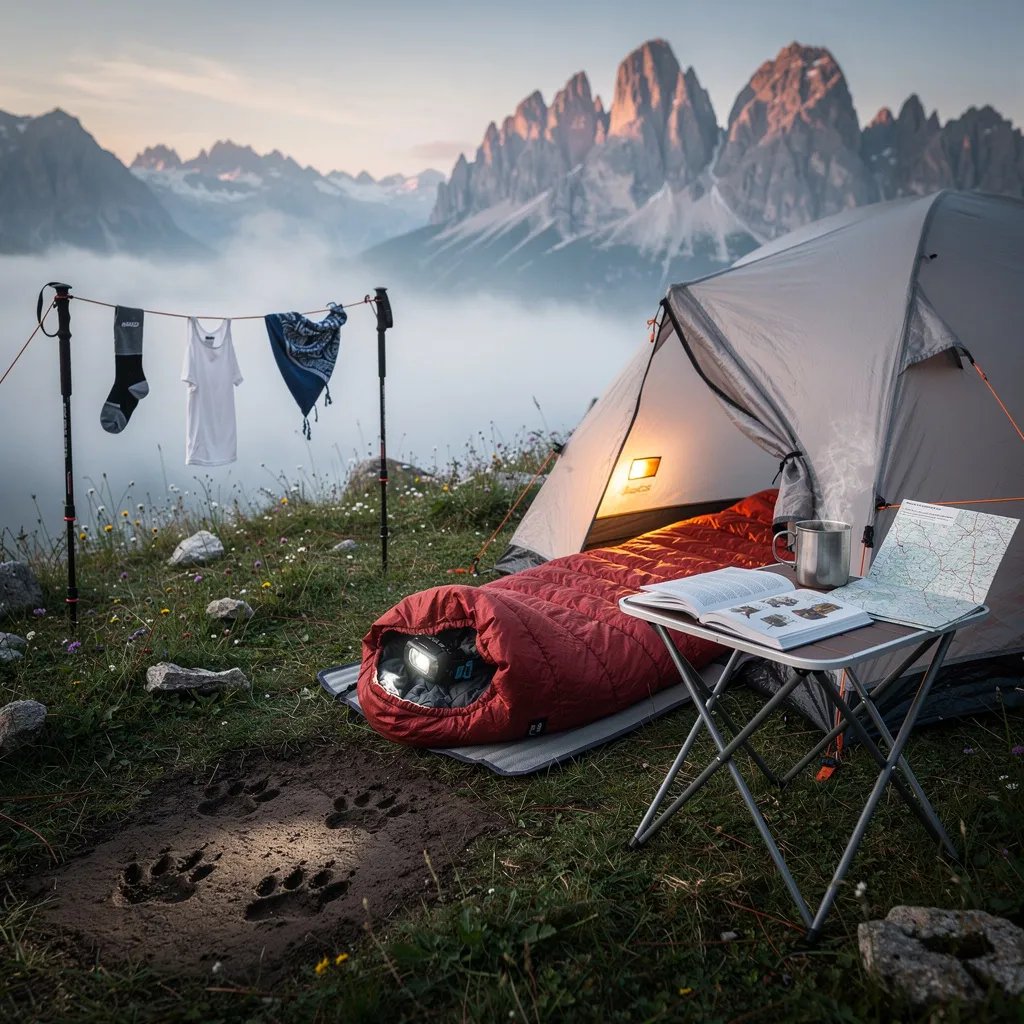 A cool dawn mist floats over dew-bright grass in a quiet alpine meadow, with rocky peaks barely showing far away. An open tent glows softly from a lamp, and a rust-red sleeping bag peeks out. Nearby, a little camp table holds an open field guide, while clothes hang on a line between trekking poles. Fresh animal tracks press into the damp dirt by the tent, as if someone visited in the night.