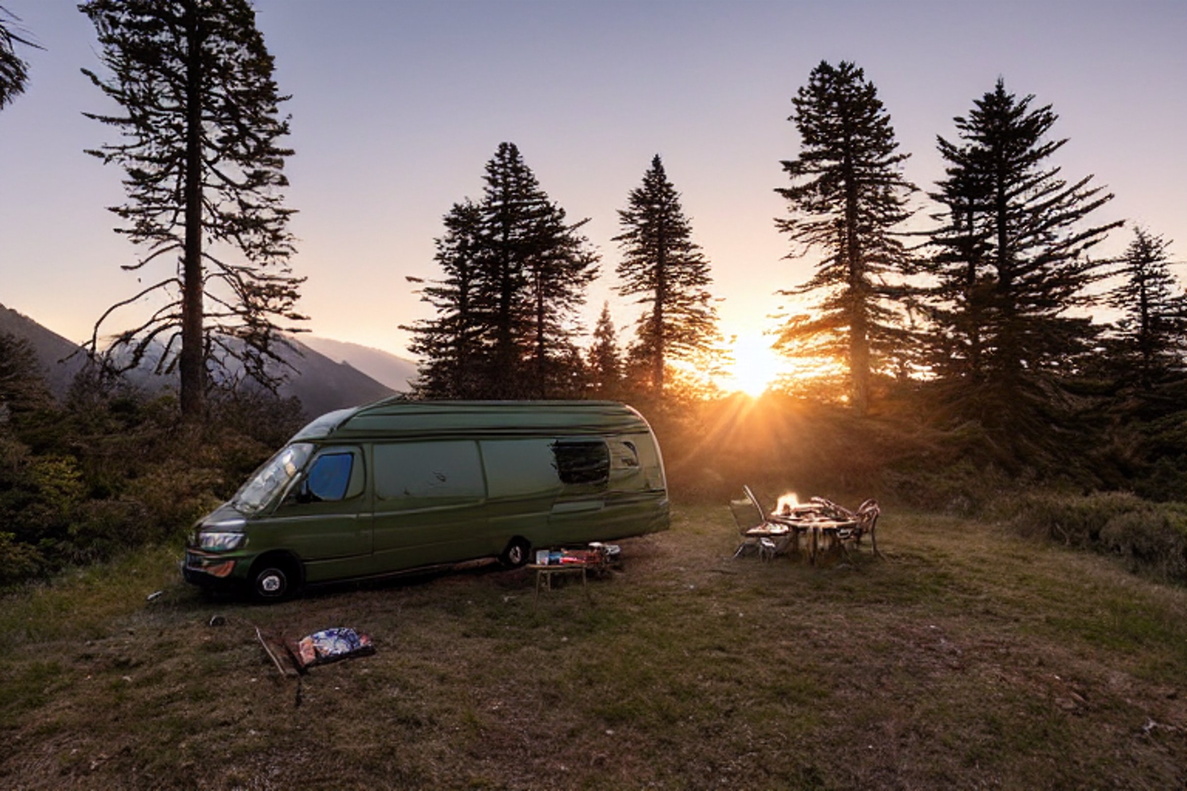 A forest green van rests beside a warm campfire in a sunny Big Sur forest. Hikers gather nearby as a glowing tent, tall mountains, and a golden sunset create a peaceful camping scene.