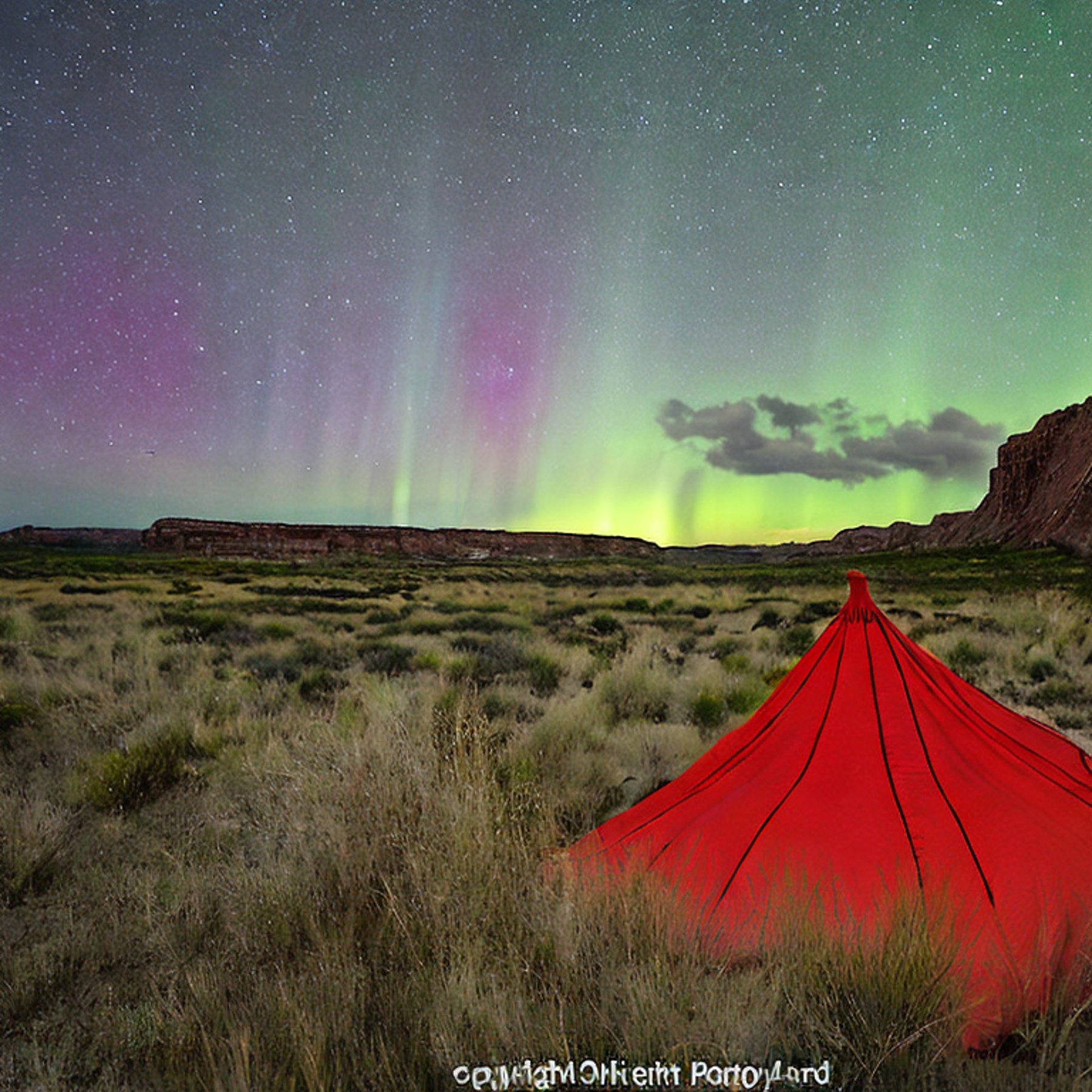 A bright red tent rests on a dirt patch surrounded by tall, overgrown grass. Above it, colorful northern lights glow through the stormy night sky.