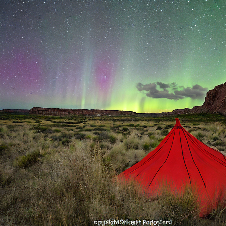 A bright red tent rests on a dirt patch surrounded by tall, overgrown grass. Above it, colorful northern lights glow through the stormy night sky.