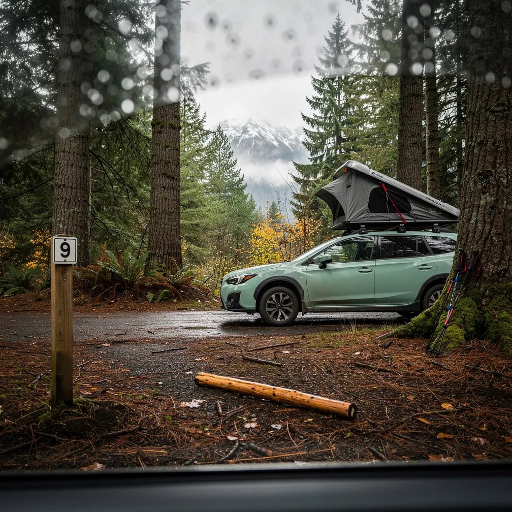 A quiet forest campsite sits on damp ground, with wet leaves and twigs all around. Through the tall trees, a snowy mountain peak peeks out in the distance under a gray, rainy sky. A mint green car with a rooftop tent is ready for the night, next to a wooden sign marked “9,” while trekking poles rest against a tree. Raindrops on the window make the whole scene feel calm and fresh.
