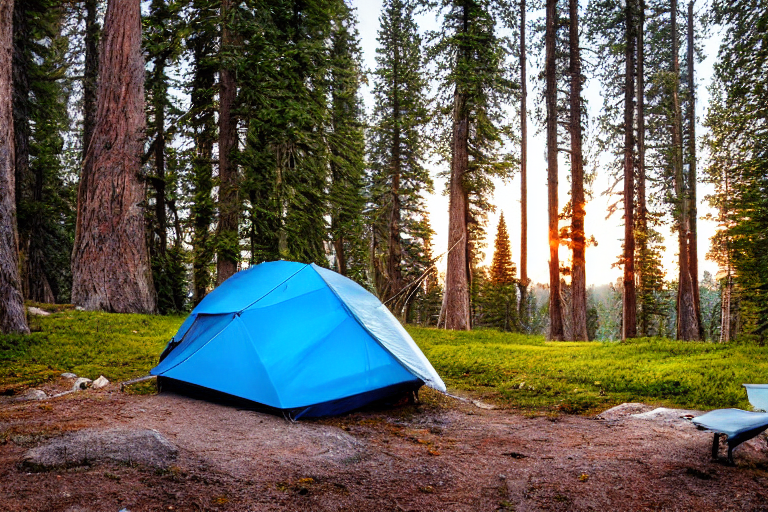 A gray and blue tent glows softly on a paved campsite in Yosemite as storm clouds gather at sunset. Mossy trees surround a dirt patch, with a hammock hanging nearby and a parking spot close by.