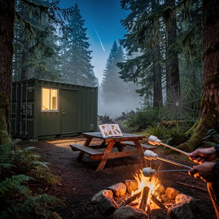 A cool blue fog drifts through tall pine trees as a small campsite wakes before dawn. A warm campfire crackles by an olive green cabin, lighting up damp ferns and a picnic table with an open book. Dew sparkles on a tiny spider web, and faint stars glow overhead with a quick streak in the sky.