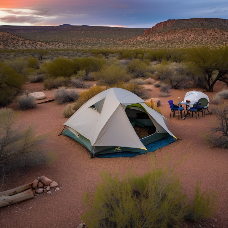 A colorful tent rests on a quiet dirt patch in the New Mexico desert. Camping chairs sit nearby among rocks, gravel, and scattered leaves. Soft sunset light glows beneath the cloudy sky.