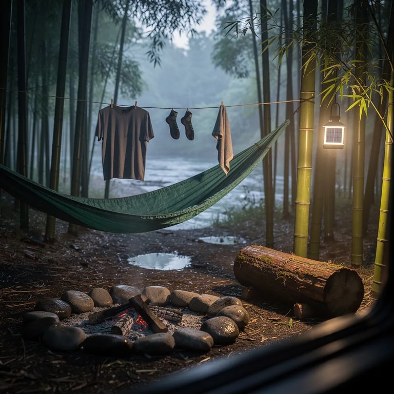 A quiet bamboo forest wakes up at dawn, with soft fog hanging in the cool air. A green hammock swings between tall stalks, and a few clothes pieces dry on a line. A small stone fire ring sits on the damp ground beside a split log, while a solar lantern glows warmly in the blue morning light.