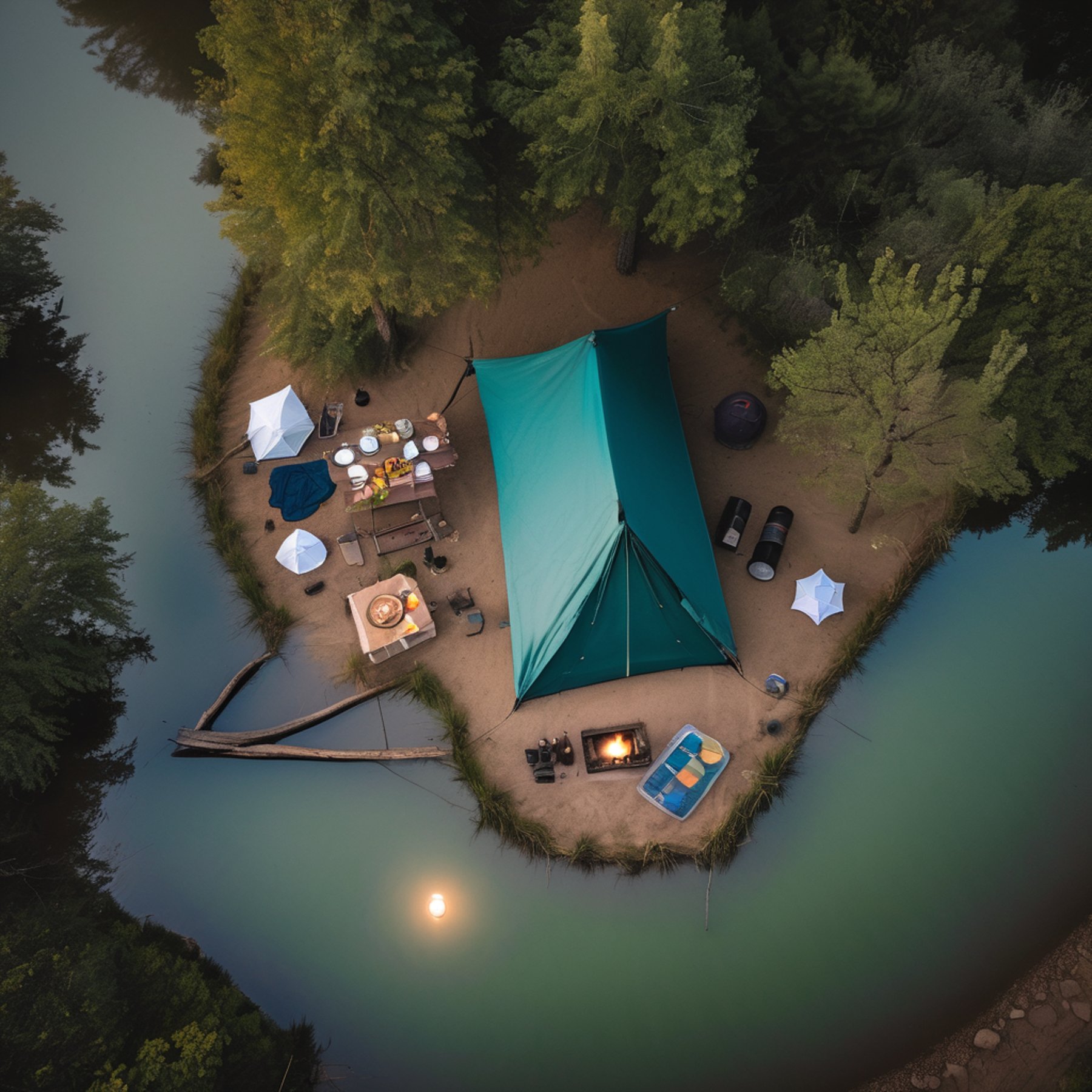 A teal tent rests beside a quiet pond beneath a bright full moon. A lantern glows from a nearby tree, lighting the picnic table, hiking path, and camping gear. Soft mist rises from the river, giving the campsite a peaceful, dreamlike feel.