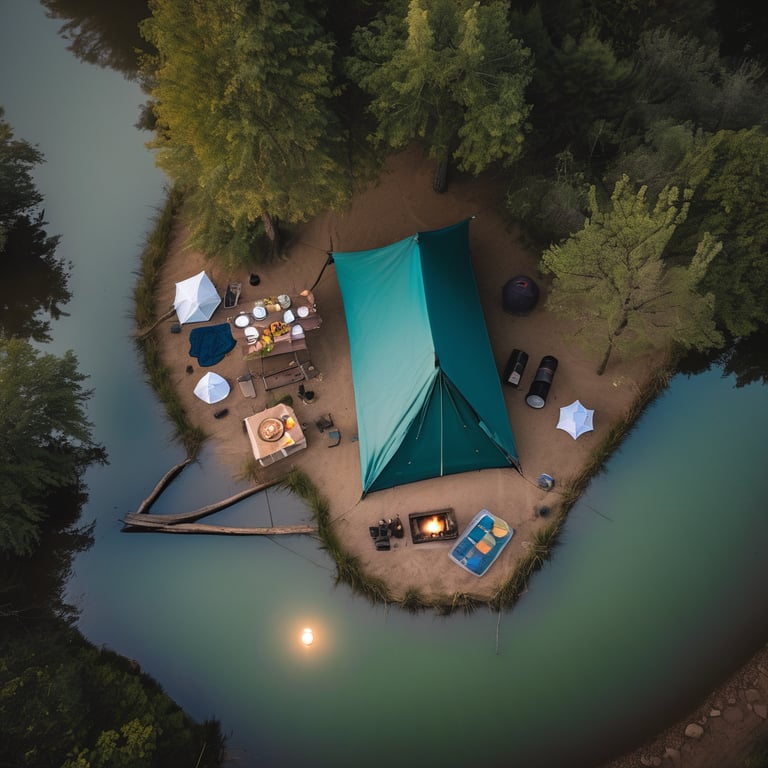 A teal tent rests beside a quiet pond beneath a bright full moon. A lantern glows from a nearby tree, lighting the picnic table, hiking path, and camping gear. Soft mist rises from the river, giving the campsite a peaceful, dreamlike feel.