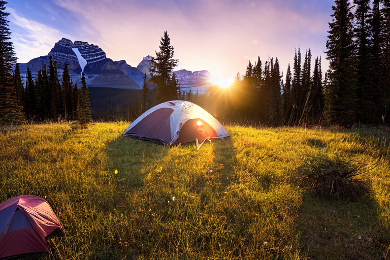 A cozy brown tent rests on a rocky dirt clearing in Banff National Park. A warm campfire glows beside it, with a lantern nearby, while tall grass and snowy mountains shine in the sunset.