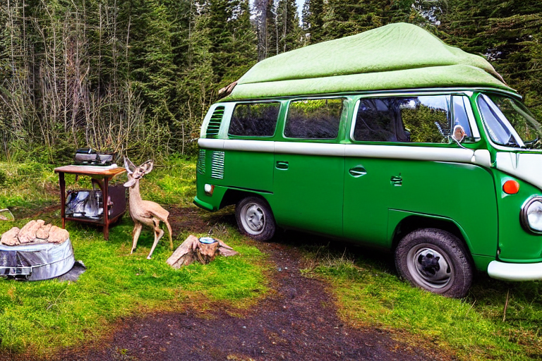 A green VW campervan rests at a quiet paved campsite under a clear night sky. Moss-covered trees surround the spot, while a deer stands nearby. Camping gear and a small stove add a cozy outdoor feel.