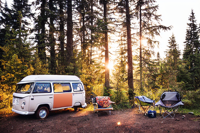 A brown VW campervan rests in a sunny campsite on Vancouver Island. A warm campfire, cozy chairs, and a guitar create a peaceful golden-hour mood. Nearby, a hiking path, a clothesline, and a distant log cabin add charm to the natural setting.