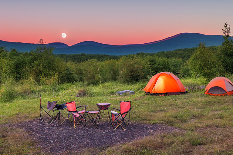 An orange tent rests beside a sunny paved campsite in Upstate New York. Camping chairs sit around a small dirt patch, with mountains in the distance and a pale moon in the morning sky.