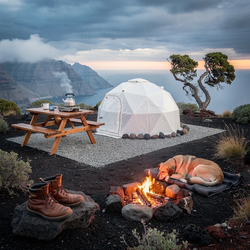 A white dome tent sits on dark volcanic ground high above the misty sea. The air feels cool and damp as dawn light slips under stormy clouds. A small fire glows beside a picnic table with a kettle and mug, and a sleepy dog curls up close to the warmth. Wind-shaped trees and the far caldera fade into the drifting fog.