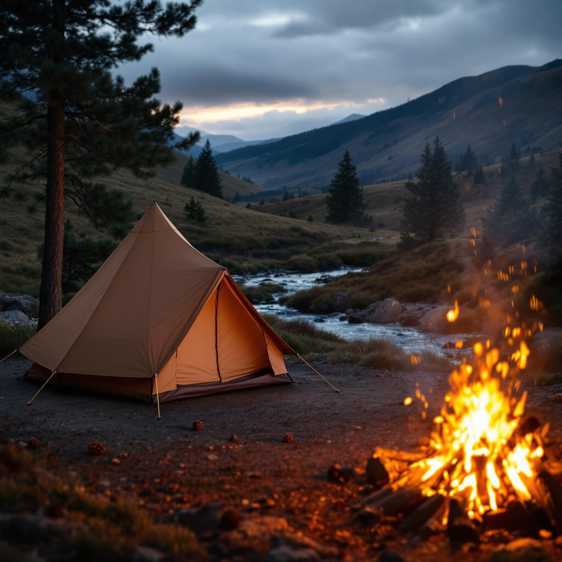 A cozy tent sits beside a sparkling stream, surrounded by tall, whispering pines under a sky filled with fluffy clouds. The warm glow of a campfire dances as the mountains watch over the peaceful scene. It's a perfect spot for roasting marshmallows and listening to the gentle babble of the river.