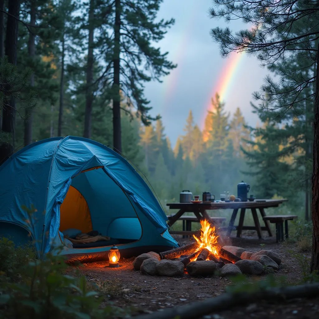 A bright blue tent rests in an overgrown forest clearing. A warm campfire, lantern, and picnic table make the campsite feel cozy, while a rainbow shines above the trees.
