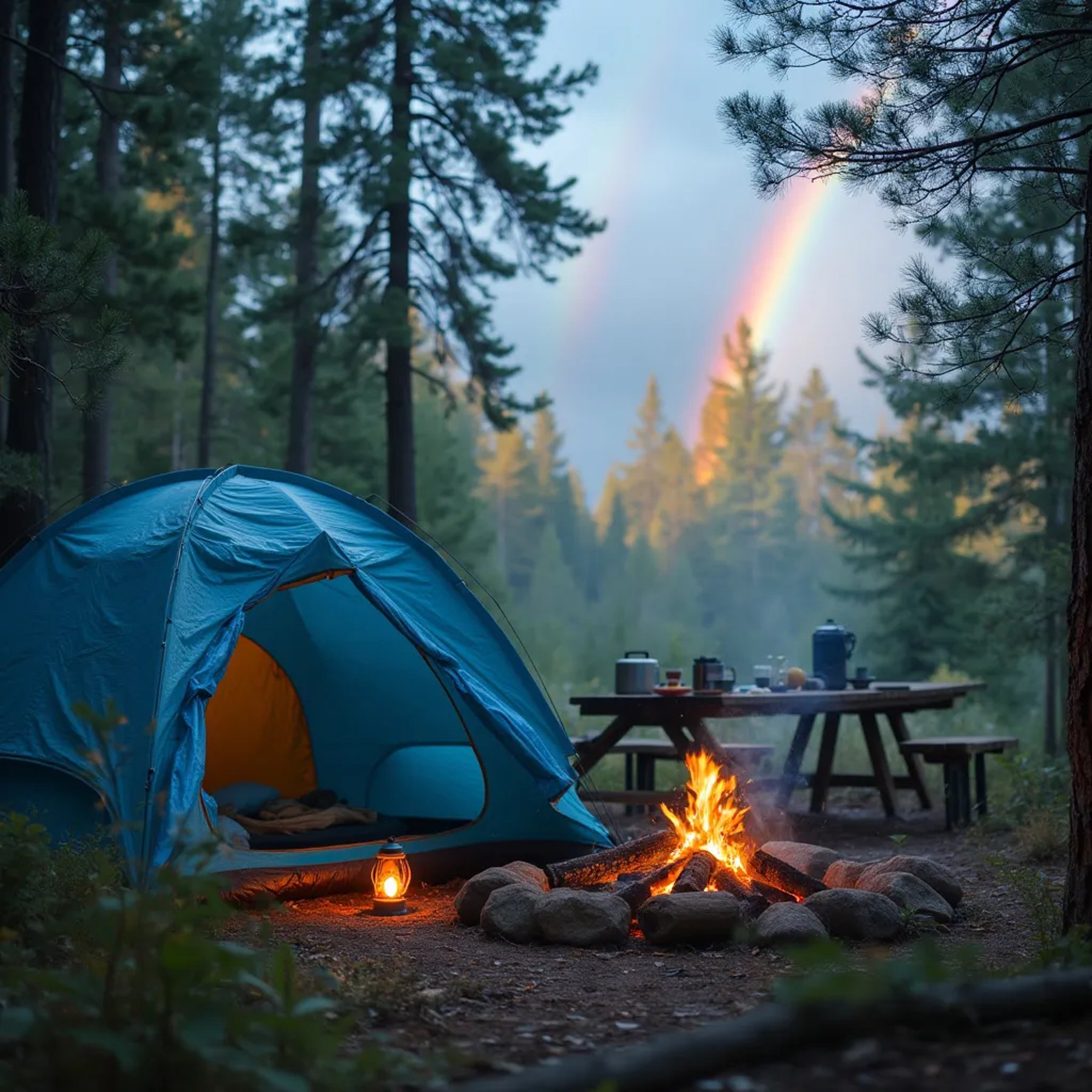 A bright blue tent rests in an overgrown forest clearing. A warm campfire, lantern, and picnic table make the campsite feel cozy, while a rainbow shines above the trees.